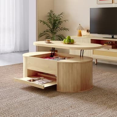 Merax Table basse élévable 110x55,5x40 cm, hauteur réglable avec côtés en bois incurvés, étagère extensible, meuble de salon multifonctionnel, espace de rangement pour collations, livres, électronique