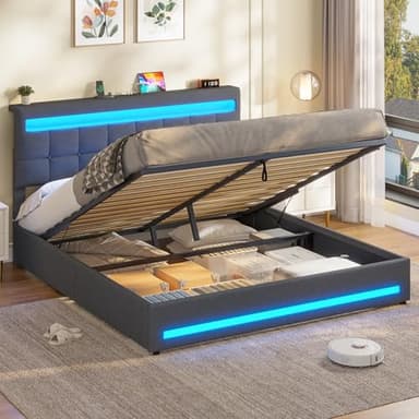 AOGLLATI Lit Coffre 160×200 cm avec LED et Ports USB, Lit Double Rembourré avec Rangement hydraulique, tête de lit réglable en Hauteur, Sommier à Lattes, Facile à Assembler, Gris Foncé（sans Matela）