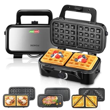 Gaufrier 1200W, Appareil Croque Monsieur 3 en 1, Contrôle de la Température à 5 Vitesses, Machine à Gaufres et Croques, à Sandwich et Grill, Revêtement Antiadhésif pour Nettoyage Facile,FOHERE