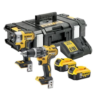 DEWALT- Kit Double18V XR Brushless – Comprend une Perceuse à Percussion Brushless, une Visseuse à Chocs, une Boîte de Rangement, un Chargeur Multivoltage et Deux Batteries XR 5Ah, DCK266P2-QW