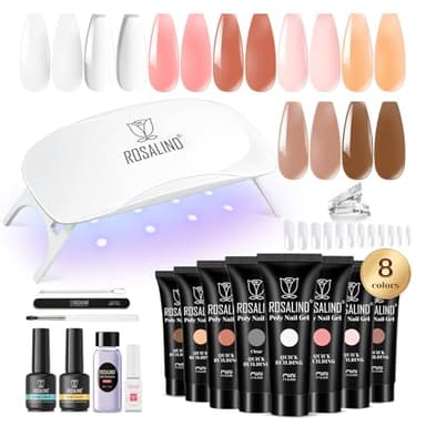 ROSALIND Kit Ongle Gel UV Complet 8*10ml, Poly Extension d'Ongles Avec Lampe UV, Base & Top Coat et Outils de Manucure, DIY Nail Art Pour Débutant