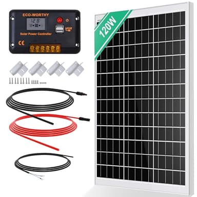 ECO-WORTHY Kit Panneau Solaire 120W Panneau Solaire 12V 120W + Contrôleur de Charge 30A + Câble Solaire 5m + Pinces de Fixation Z pour Système Hors Réseau/Camping-car/Bateau/Caravane/Fourgon Aménagé