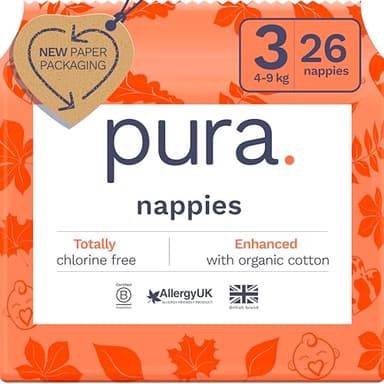 Pura Couches Écologiques Taille 3 (4-9kg), 1 Paquet de 26 Ultra Douces pour Peau Sensible, en Coton Bio, 12 Heures de Protection