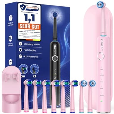 Brosse À Dent Électrique Rotatives pour Adultes - Brosses À Dents Rotatives avec 8 Têtes de Brosse et Étui de Voyage, 5 Modes, Étanche IPX7, Brosse A Dent Electrique de Voyage, Rose