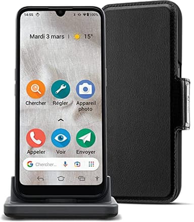 Doro 8100 Plus 4G Smartphone Débloqué pour Seniors, Résistant à l'eau, avec Triple Caméra, Écran 6.1", GPS, Reconnaissance Faciale, Socle Chargeur et Étui [Version Française] (Noir)