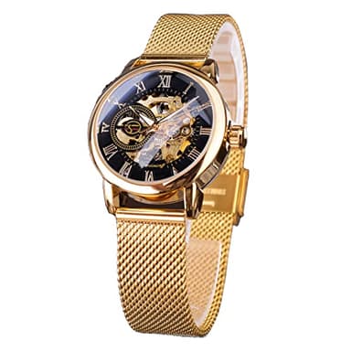 FORSINING Montre mécanique automatique pour femme avec cadran doré et bracelet en maille en acier inoxydable, chiffres romains, remontage automatique, oro, luxe