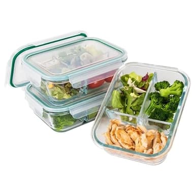 Classbach® Boîtes repas en verre à 3 compartiments, adaptées au lave-vaisselle, au micro-ondes et au four, pour une alimentation saine. 3x 1000 ml. C-FHDM 4021 G.