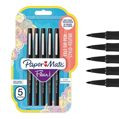 Paper Mate Flair Stylos feutres | Feutres de coloriage sans fuite à pointe moyenne (0,7 mm) | Encre noire | Idéal pour écrirescrapbookingdessineretc. | Lot de 5