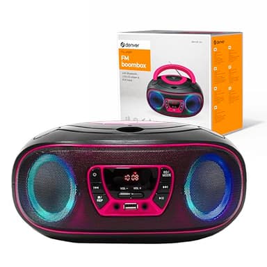 Denver Lecteur de CD Portable TCL-212BTPINK. Boombox. Radio FM. Bluetooth. Haut-parleurs Volume 4W. Entrée AUX. Lecture MP3 Via USB Rose