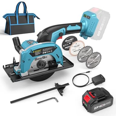 SeeSii Mini scie circulaire électrique compacte sans fil, 4-1/2", avec batterie de 4,0 Ah, 5380 tr/min, 4 lames de scie, guide de fissure, profondeur de coupe maximale 1-11/16" (90°), 1-1/8" (45°)