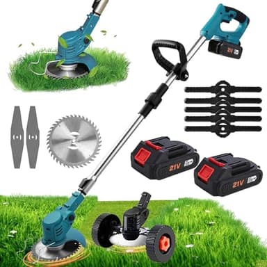 Debroussailleuse Electrique sans Fil, Coupe Bordure sans Fil avec Batterie et Chargeur, Debroussailleuse Portative 24V avec Roues, 3 Type Lames, pour La Coupe De Jardin, Pelouses (2 Batteries)