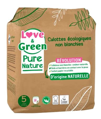 Love & Green - Culottes écologiques non blanchies Taille 5 (12 à 18 kilos) x 18 - Pour bébés - Potty training - Eco-friendly certified materials - Douces pour la planète et la peau de bébé