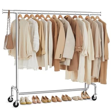 SONGMICS Portant à Vêtements avec Roulettes, Tringle Extensible pour Charge Lourde, Capacité de Charge 130 kg, 45 x (110-150) x 162,9 cm, Porte-manteau, en Métal, Chromé, Argent HSR11S