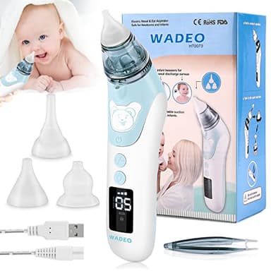 WADEO Mouche Bébé Electrique, Aspirateur Nasal pour Bébé, Rechargeable USB écran LCD, avec 5 Forces D'aspiration et 3 Embouts Silicone, Nettoyeur Nasal pour Nouveaux-nés, Enfants Bas âge
