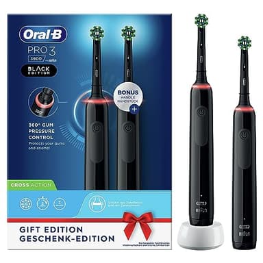 Oral-B Pro 3 - 3900 - Lot De 2 Brosses À Dents Électriques Noires, 2 Manches Avec Capteur De Pression Visible, 2 Brossettes