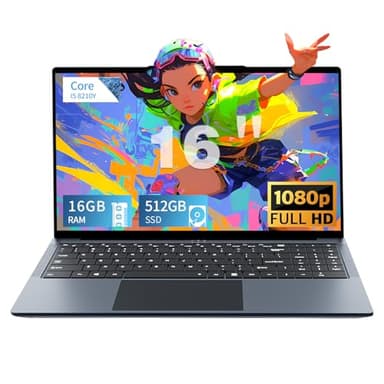 Ordinateur portable 16 pouces, Core i5-8210Y 16 Go de RAM 512 Go SSD PC Portable, Laptop avec FHD 1920 * 1080, RJ45, Type-C, USB 3.0, Wi-Fi double bande, Bluetooth 5.0, clavier numérique rétroéclairé
