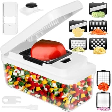 Coupe Legumes Multifonctions, Mandoline Professionnelle Cuisine, Decoupe Legumes avec 7 Lames Interchangeables, Coupe Legumes Manuel Pour Oignon Carotte Concombre Tomates
