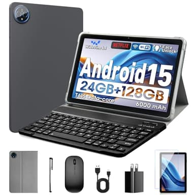 Aobante 10" Android 15 Tablet: 24 GB RAM + 128 GB ROM (1 TB Max), Octa-Core, 1280x800 HD IPS Touchscreen, 5MP+8MP Cameras, 6000mAh, with Keyboard, Mouse, and Widevine L1 (Gray)