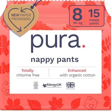 Pura Couches écologiques – Taille 8 (19 kg +), 15 couches, jetables pour peaux sensibles et sujettes aux allergies, hypoallergénique, sans parfum, côté facile à déchirer