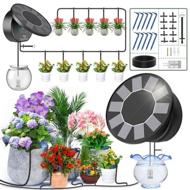 TRJZWA Arrosage Goutte à Goutte Énergie Solaire, 2024 Nouveau Couvercle Rond Kit Arrosage Automatique pour Intérieur et Exterieur Balcon Jardin Plante, Programmateur Arrosage avec 10M Tuyau Arrosage