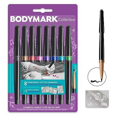BodyMark by BIC Stylos de Tatouage Temporaire et Pochoirs Collection Kit - Couleurs Assorties Blister de 8+3