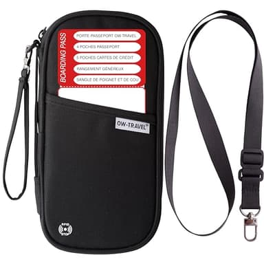 OW-Travel Porte Passeport Voyage (Noir) Pochette Voyage Documents avec Protection RFID. Portefeuilles Passeport Spacieux Familial pour 4. Comprend Sangles Poignet et Cou pour Utilisation sans Mains
