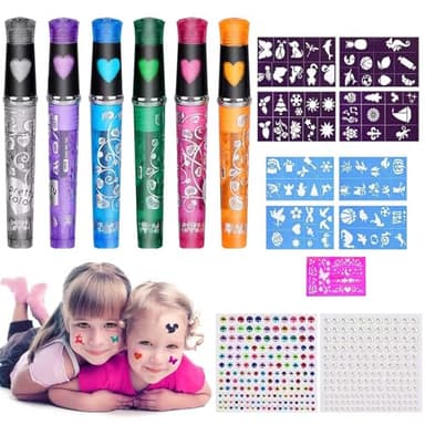 6 Pcs Stylos Tatouage Enfant,Set Tatouage Paillette,Tatouage Temporaire,Stylos Gel à Paillettes Tatouage Kit,avec 9 Pochoir Tatouage, 2 Feuilles D'autocollants de Strass,pour Halloween,Noël,Fête