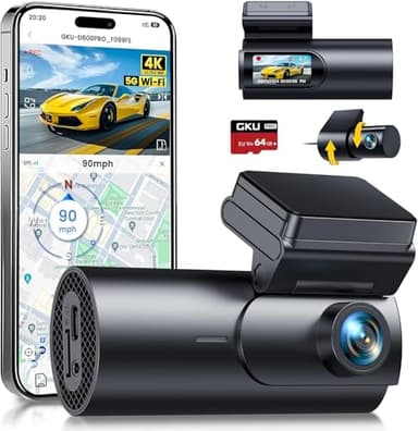 GKU 4K Dashcam Voiture Avant Arrière,5GHz WiFi GPS,2160P+1080P Camera Voiture,1.5'' IPS Caméra Embarquée Voiture avec Carte SD 64G,Grand Angle 170°,Vision Nocturne,WDR,G-Capteur,Mode Stationnement 24H