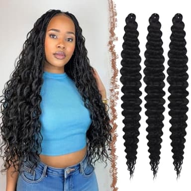 FESHFEN Crochet Braids Extensions de Cheveux - 3 Packs Deep Twist Ocean Wave Braiding Extension Noir Synthétique Meches pour Tresses Africaine Bouclés pour Femmes, 55 cm