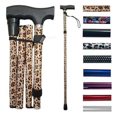 Life Healthcare Canne pliable en aluminium légère à hauteur réglable pour homme et femme handicapés, pointe en caoutchouc antidérapant, poignée ergonomique et design facile à transporter (léopard