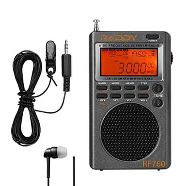 Raddy RF760 Radio numérique large bande à ondes courtes FM/AM/SW/CB/VHF(UHF)/WX/air rechargeable avec prise casque, antenne filaire de 3 m