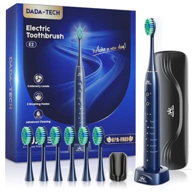 Brosse à dents électrique pour adultes et enfants, rechargeable, sonique, avec étui de voyage, support et 7 têtes de brosse, 6 modes et 3 intensités, minuterie de 2 minutes (Bleu)