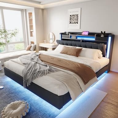 Sapgaks Lit 160x200 avec Sommier LED et USB, Lit Double 160x200 avec Rangement et Tete de Réglable, Rembourré avec à Lattes, 2 Personnes Cadre de(sans Matelas)