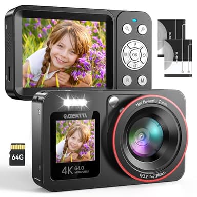 DEATTI Appareil Photo Numérique 4K, FHD 64MP Appareil Photo Compact avec Double Écran, 18X Digital Camera Vlog pour Les Adolescents, Enfants, Les Adultes et Les Débutants, 64G Cart SD, Noir