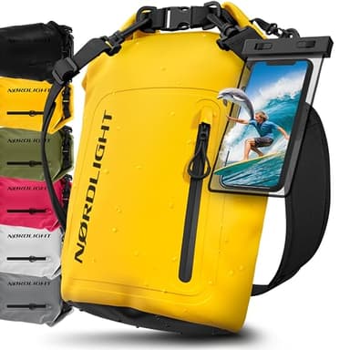 Nordlight Dry Bag Sac Étanche avec Pochette Étanche Téléphone, Fermeture Roll-Top, Bandoulière | Sac à Dos étanche Nautique, Sac Impermeable Etanche | Natation Plage Sup Bateau - Jaune (Opaque), 20 L