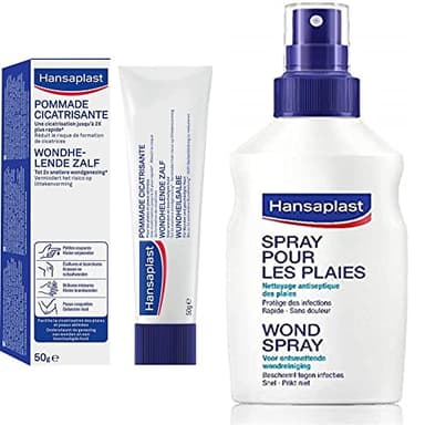 Hansaplast Pommade cicatrisante, Pommade réparatrice non parfumée - lot de 2 & Spray Antiseptique, Spray nettoyant pour les plaies superficielles, Désinfectant pour protéger les plaies des infections