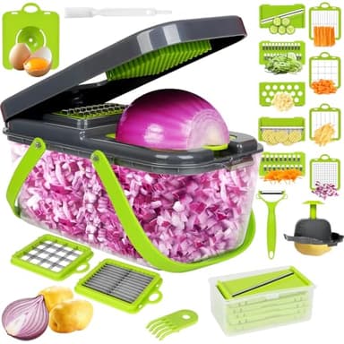 MUUKAIII Coupe Legumes Multifonctions, 20 En 1 Mandoline Cuisine Professionnelle, Decoupe Legumes avec 13 Lames Interchangeables, Coupe Legume pour Oignon, Carote, Pomme de Terre, Concombre (Gris)