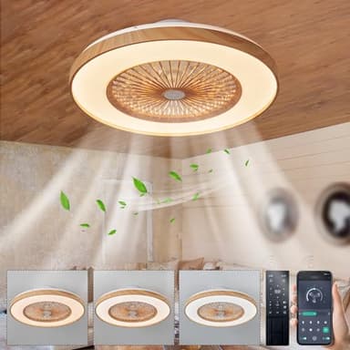Plafonnier Ventilateur De Plafond Silencieux, Ventilateur Plafond Sans Pale Moderne Couleur Du Grain Du Bois, Dimmable, Réversible DC Motor, 6 Vitesses, Lampe Ventilateur Led Pour Chambre Salon Bureau