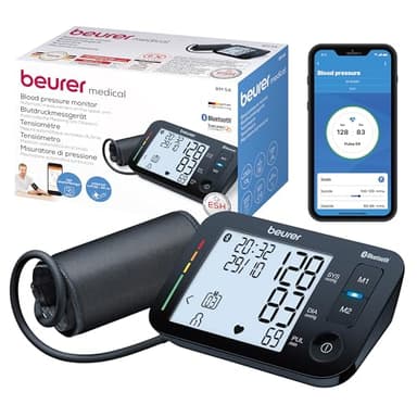 Beurer BM 54 Tensiomètre électronique au bras, détecteur d'arythmie cardiaque et hypertension, mesure la tension artérielle, facile à utiliser, Bluetooth et grand écran, brassard de 22 à 44 cm, Noir