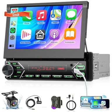 Hodozzy Dab 1 Din Autoradio Écran Rétractable avec sans Fil Carplay Android Auto, 7 Pouces Écran Tactile Poste Radio Voiture avec Filaire Lien Miroir, Bluetooth, USB, EQ, Type-C, FM Radio, Caméra