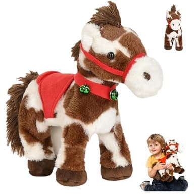 Cheval en peluche électrique à pois, poney interactif à pois marron et blanc, selle rouge douce et adorable avec une cloche verte, jouets réalistes pour animaux de compagnie pour cadeaux (1pcs)