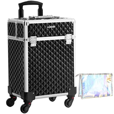 SONGMICS Valise de Maquillage Professionnel, Mallette à cosmétique, Mobile, 4 roulettes, 4 Plateau, poignée télescopique, Voyage, déplacement, Noir JHZ013B01