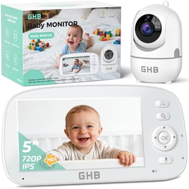 GHB Babyphone Camera Bebe Surveillance Rotation de 350°/110° Baby Phone Écran de 5" 2,4 GHz VOX Mode Capteur de Température Communication Bidirectionnelle 5 Berceuses Vision Nocturne sans WiFi