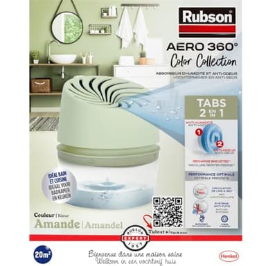 Rubson | Absorbeur d'Humidité Aero 360° Couleur Amande (1 appareil + 1 recharge de 450 g) – Absorbeur anti-humidité pour pièce jusqu'à 20 m² – Déshumidificateur d'air anti-odeur et anti-moisissure