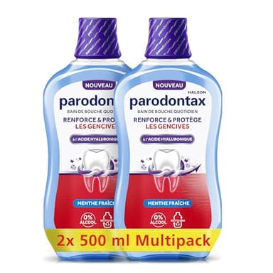 PARODONTAX - Bain de Bouche Quotidien à l'Acide Hyaluronique - Renforce & Protège les Gencives - Combat les Bactéries de la Plaque Dentaire - 0% Alcool - Menthe Fraîche - 2 x 500 ml