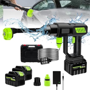 120Bar 1000W Nettoyeur Haute Pression sans Fil Portable, Buse 6 en 1 Nettoyeur Haute Pression, Batterie 15000mAh, Tuyau 5m, pour Auto, Jardin, Bateau, Allée, Extérieur (2 Batteries 1 Chargeur)