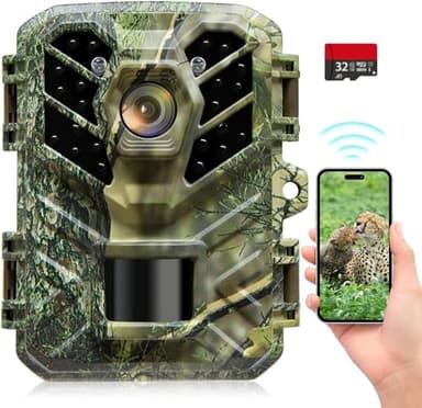 Coolifepro Caméra de Chasse WiFi Bluetooth Connectée Téléphone, 32MP Mini Caméra Chasse Infrarouge Vision Nocturne, Temps de Déclenchement 0,1s, avec Carte Mémoire 32GB, pour Surveillance de la Faune