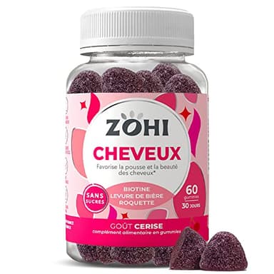 Complément Alimentaire Cheveux -Gummies Cheveux favorisant la pousse et la beauté des cheveux- Sélénium-60 gommes de fruits goût Cerise Sans Sucres-Vegan- ZOHI- Fabriqué en France