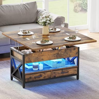 YITAHOME Table Basse Relevable et Extensible, Table à Manger avec Plateau Pliant, avec 2 Tiroirs et LED et Compartiment Caché pour Salon, Bureau, 90x50x51,5cm