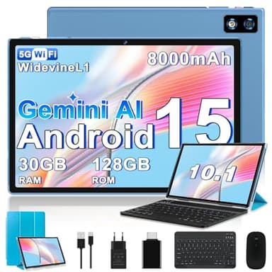 2026 Dernière Tablette 10 Pouces Android 15, 30Go RAM + 128Go ROM(TF 2To), Avec 5G WiFi Octa-Core 2.0GHz, 8000mAh, GPS, Gemini AI tablette, Widevine L1, Tablette Tactile avec Clavier+Souris（Bleu ）